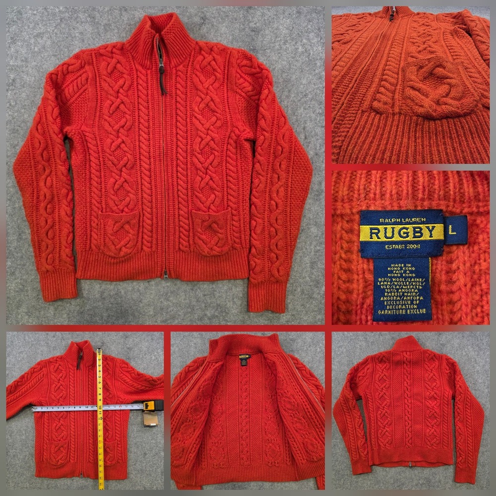 Rugby Polo Ralph Lauren Sweater Womens Large Orange Wool Cable Knit Full Zip